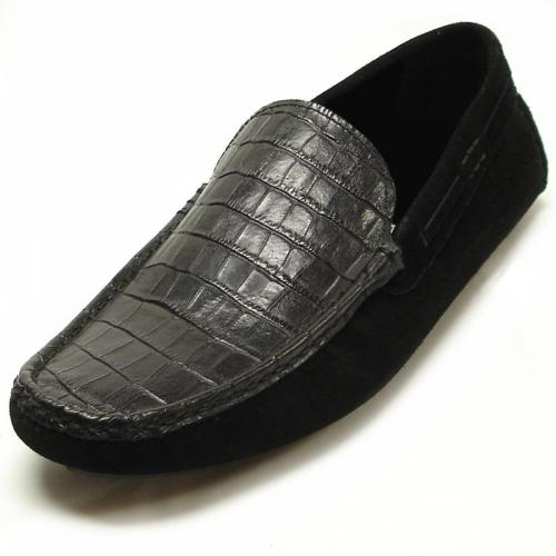 Encore By Fiesso Black Alligator Print Leather / Suede Loafer Shoes FI3095